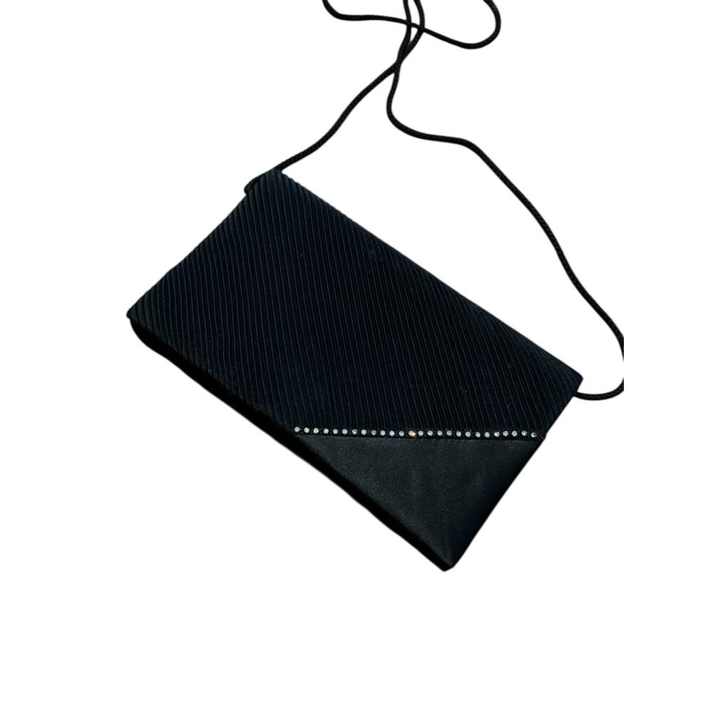 Vintage Black‎ Satin Evening Clutch Crossbody Rhinestone Trim Magnetic Snap